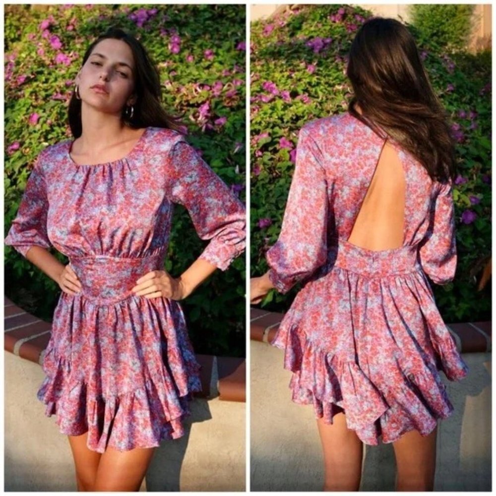 🌺 For Love & Lemons Red Purple Floral Corset Open Back Flare Dress